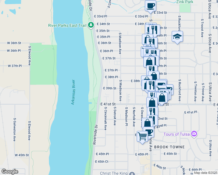 map of restaurants, bars, coffee shops, grocery stores, and more near 3843 South Cincinnati Avenue in Tulsa