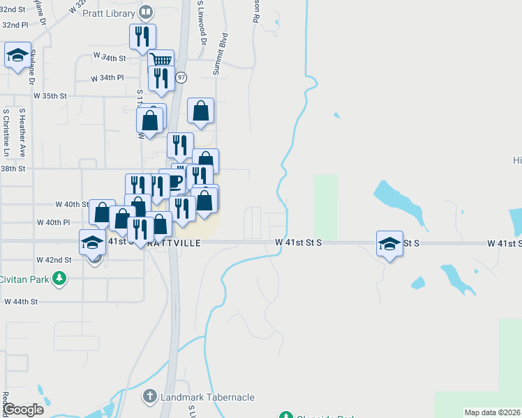 map of restaurants, bars, coffee shops, grocery stores, and more near 325 East 40th Street in Sand Springs