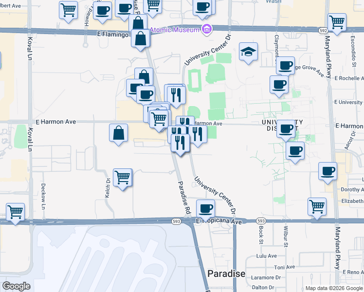 map of restaurants, bars, coffee shops, grocery stores, and more near 4600 Paradise Road in Las Vegas