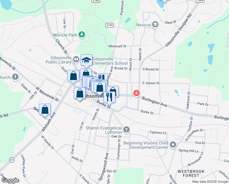 map of restaurants, bars, coffee shops, grocery stores, and more near 227 Burlington Avenue in Gibsonville
