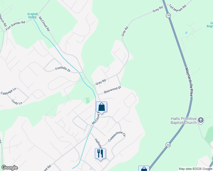 map of restaurants, bars, coffee shops, grocery stores, and more near 7918 Gray Heights Way in Knoxville