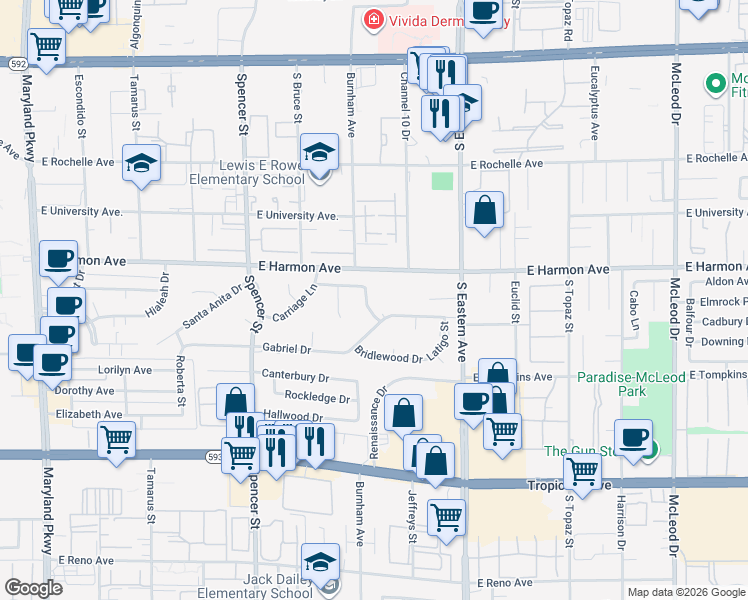 map of restaurants, bars, coffee shops, grocery stores, and more near 4545 Rancho Hills Drive in Las Vegas