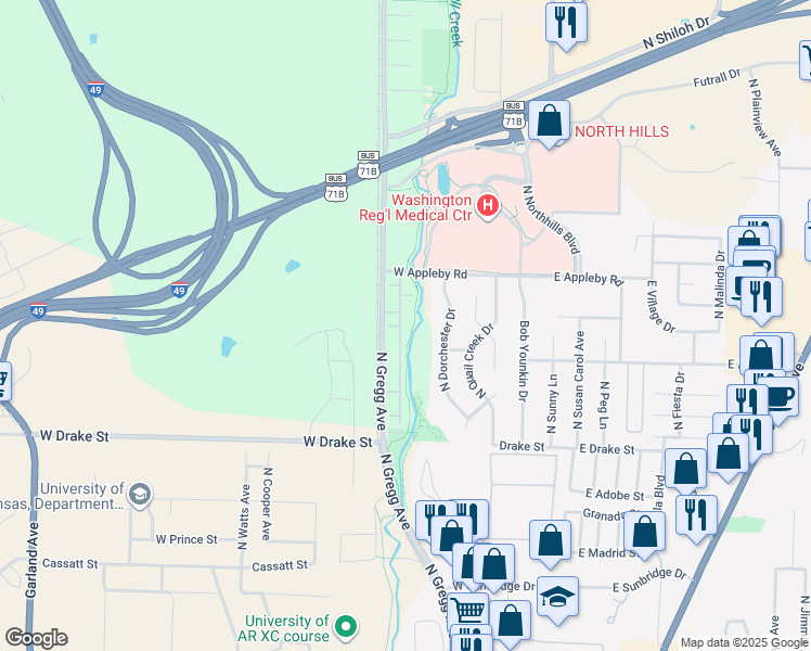 map of restaurants, bars, coffee shops, grocery stores, and more near 2996 North Gregg Avenue in Fayetteville
