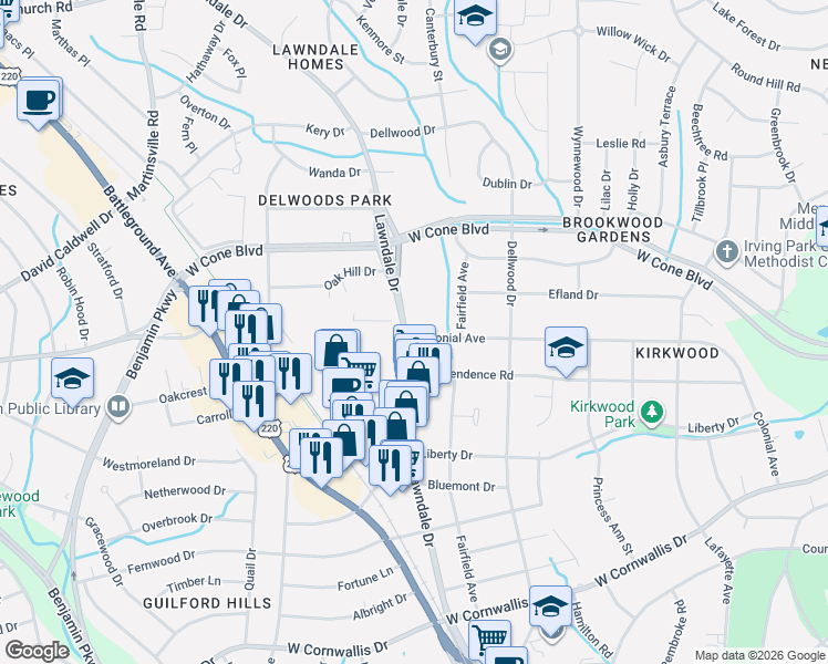 map of restaurants, bars, coffee shops, grocery stores, and more near 2902 Lawndale Drive in Greensboro