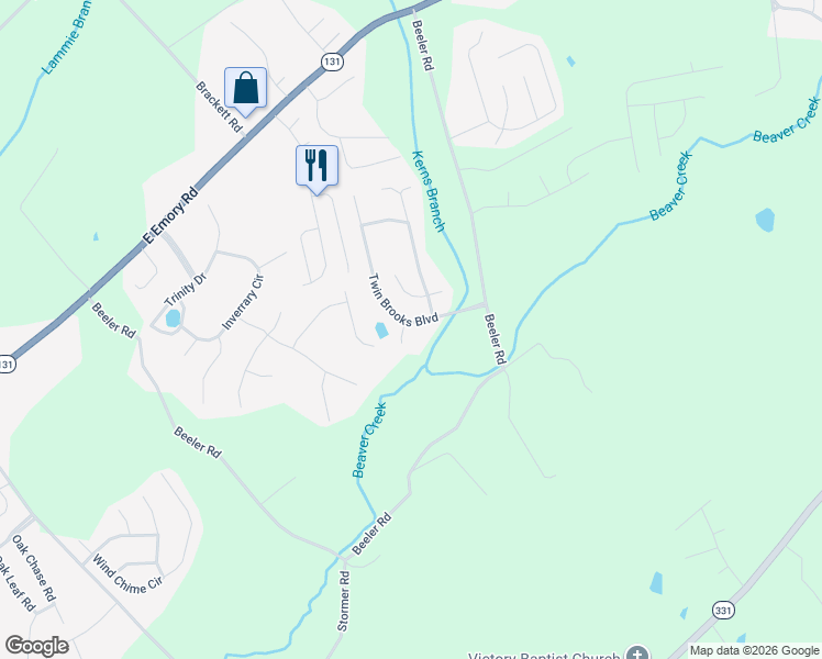 map of restaurants, bars, coffee shops, grocery stores, and more near 6720 Shimmering Brooks Ln in Knoxville