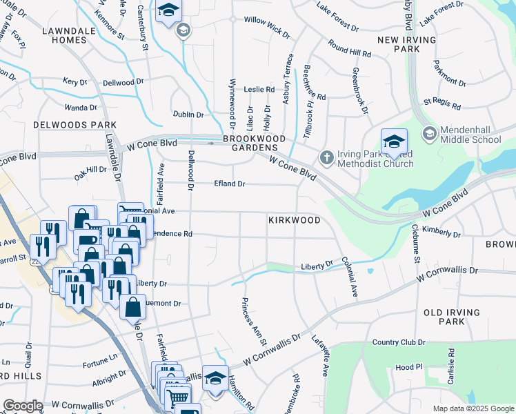 map of restaurants, bars, coffee shops, grocery stores, and more near 1704 Colonial Avenue in Greensboro