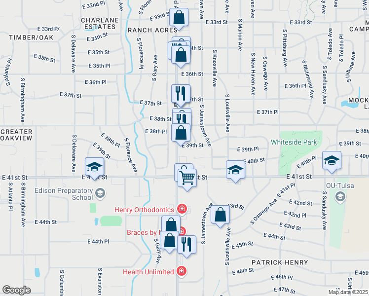 map of restaurants, bars, coffee shops, grocery stores, and more near 3831 South Harvard Avenue in Tulsa
