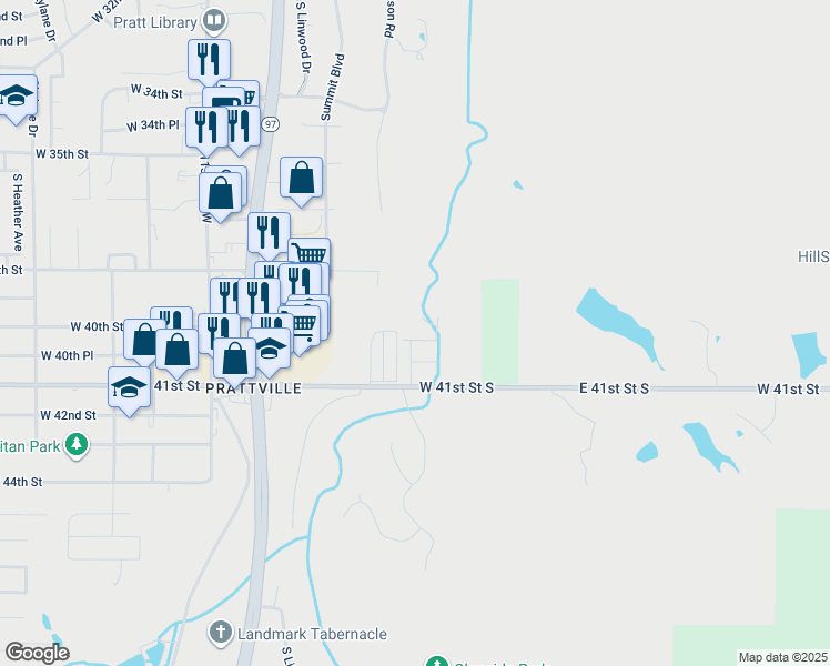 map of restaurants, bars, coffee shops, grocery stores, and more near 325 East 40th Street in Sand Springs