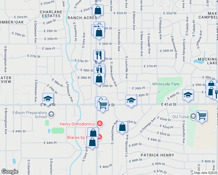 map of restaurants, bars, coffee shops, grocery stores, and more near 3404 East 39th Street in Tulsa