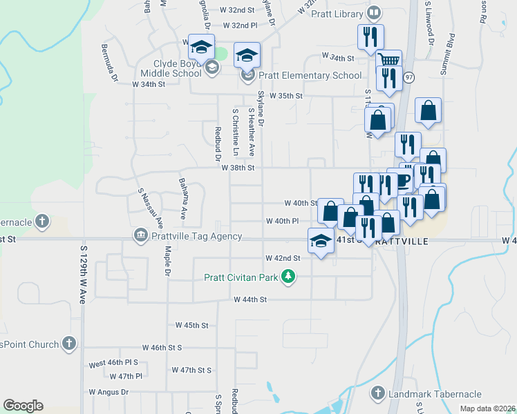 map of restaurants, bars, coffee shops, grocery stores, and more near 300 West 40th Street in Sand Springs