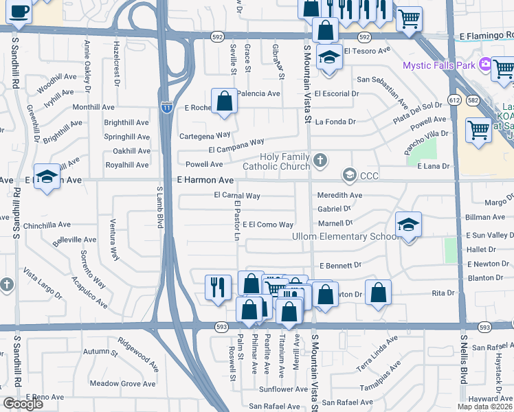 map of restaurants, bars, coffee shops, grocery stores, and more near 4452 East El Cebra Way in Las Vegas