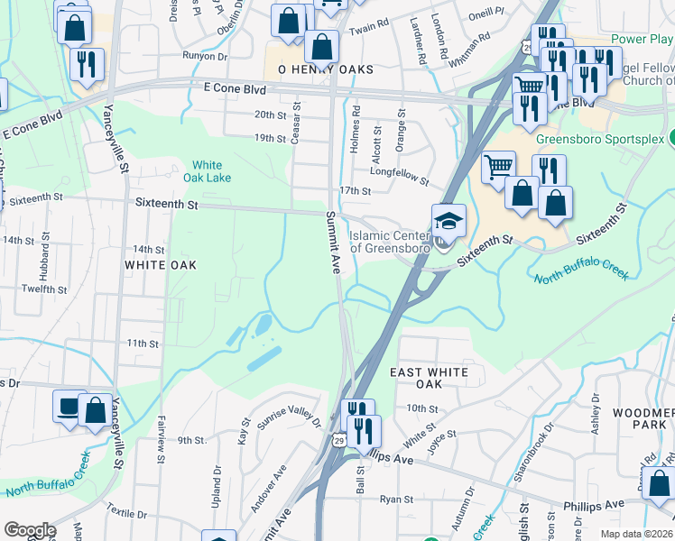 map of restaurants, bars, coffee shops, grocery stores, and more near 2429 Summit Avenue in Greensboro