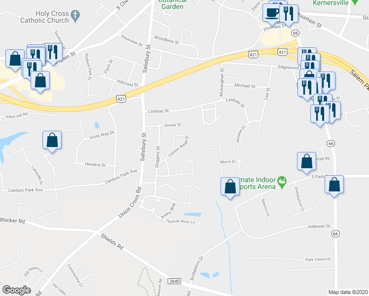 map of restaurants, bars, coffee shops, grocery stores, and more near 1324 Claxton Ridge Drive in Kernersville
