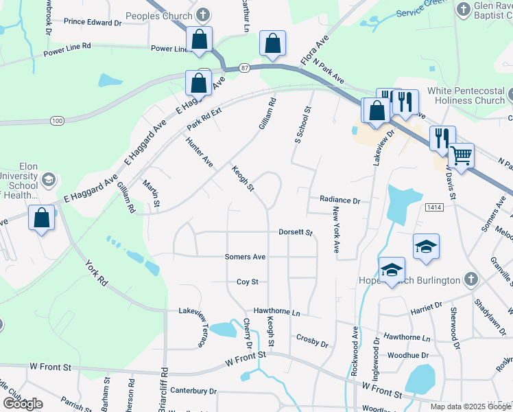 map of restaurants, bars, coffee shops, grocery stores, and more near 1806 Keogh Street in Burlington