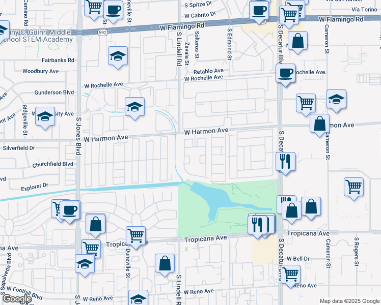 map of restaurants, bars, coffee shops, grocery stores, and more near 5415 West Harmon Avenue in Las Vegas