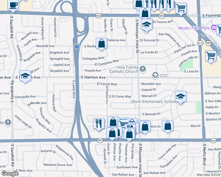 map of restaurants, bars, coffee shops, grocery stores, and more near 4420 East El Cebra Way in Las Vegas