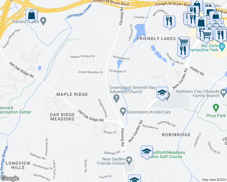 map of restaurants, bars, coffee shops, grocery stores, and more near 1402 Fleming Road in Greensboro