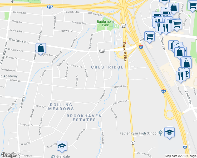 map of restaurants, bars, coffee shops, grocery stores, and more near 3620 Rainbow Place in Nashville