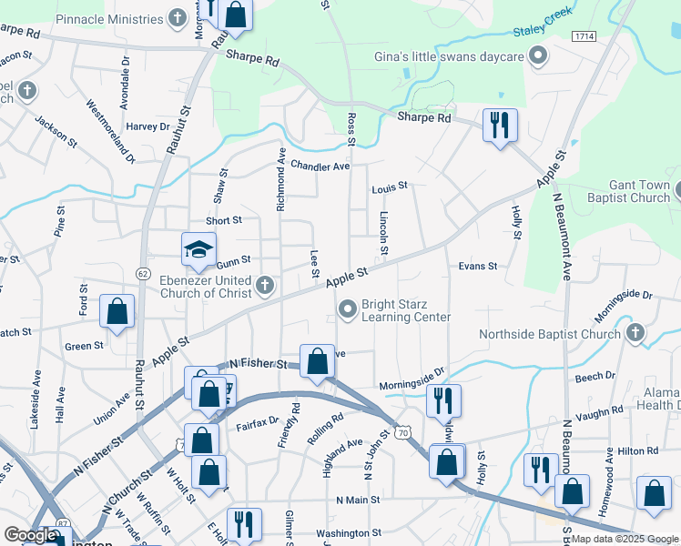 map of restaurants, bars, coffee shops, grocery stores, and more near 936 Apple Street in Burlington