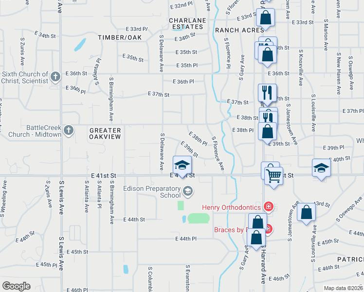 map of restaurants, bars, coffee shops, grocery stores, and more near 2840 East 39th Street in Tulsa