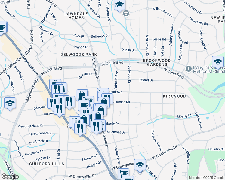 map of restaurants, bars, coffee shops, grocery stores, and more near 2008 Colonial Avenue in Greensboro