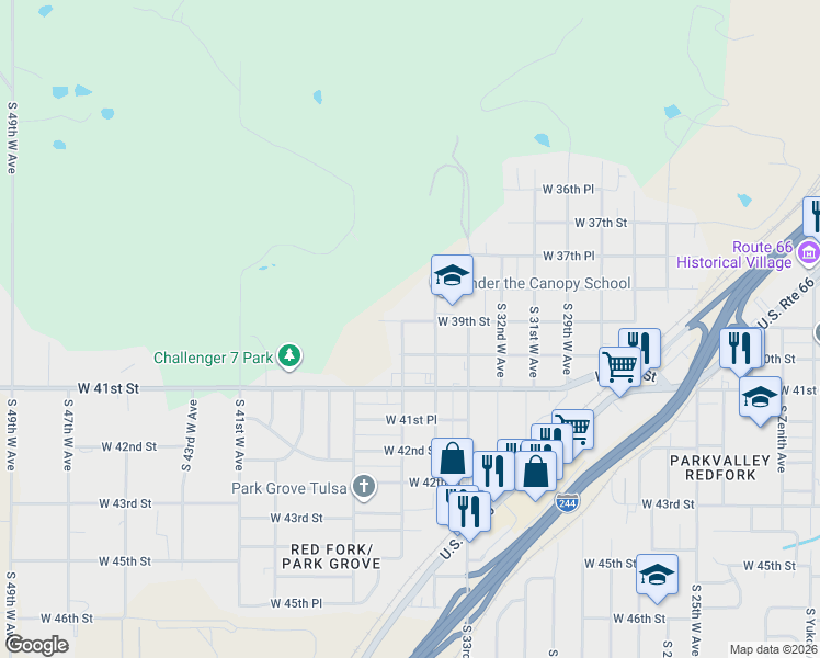 map of restaurants, bars, coffee shops, grocery stores, and more near 3424 West 39th Street in Tulsa