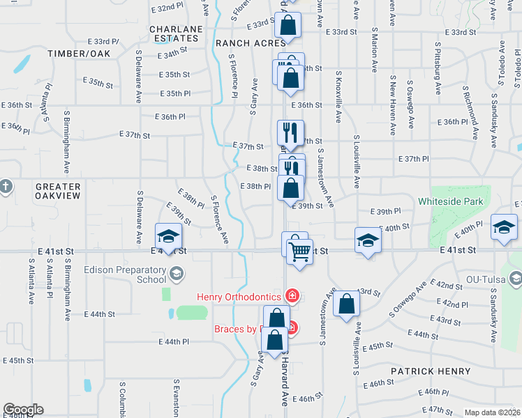 map of restaurants, bars, coffee shops, grocery stores, and more near 3166 East 39th Street in Tulsa