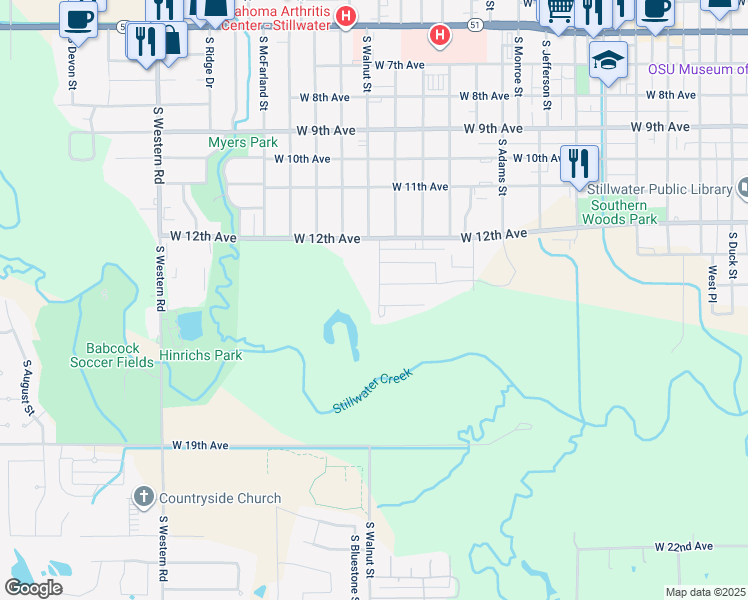 map of restaurants, bars, coffee shops, grocery stores, and more near 1416 South Walnut Street in Stillwater