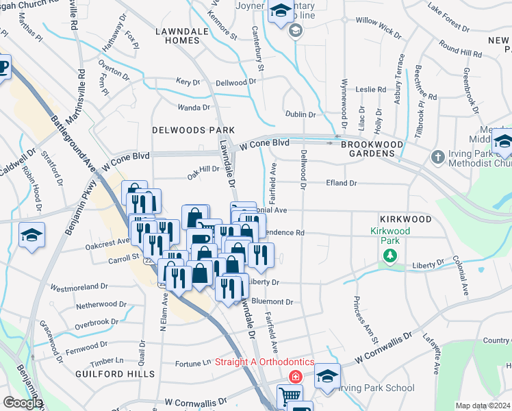 map of restaurants, bars, coffee shops, grocery stores, and more near 2008 Colonial Avenue in Greensboro