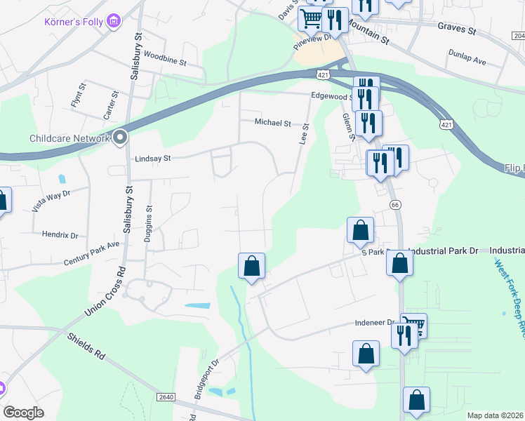 map of restaurants, bars, coffee shops, grocery stores, and more near 919 Phineas Drive in Kernersville