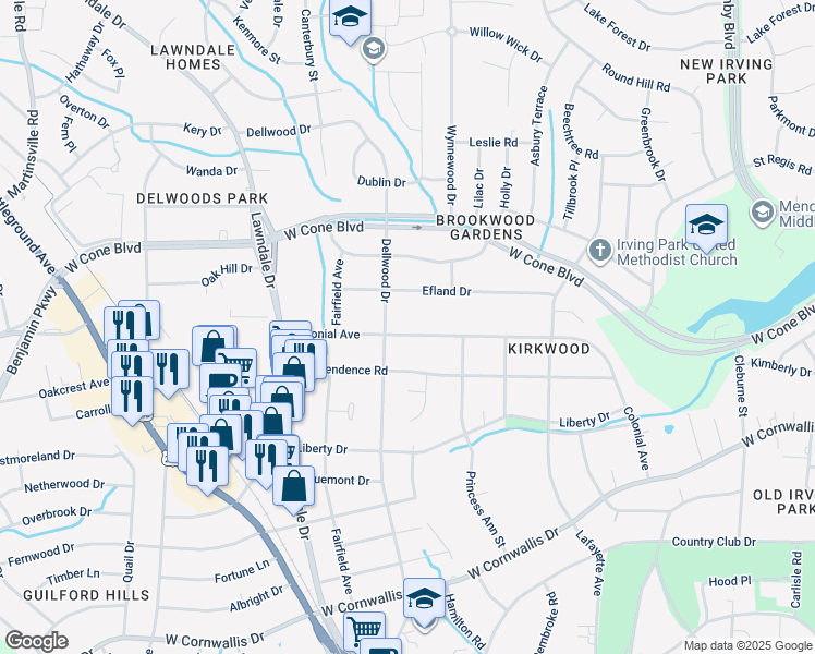 map of restaurants, bars, coffee shops, grocery stores, and more near 1820 Colonial Avenue in Greensboro
