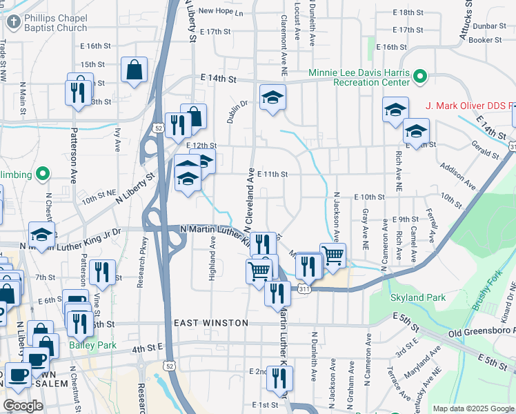 map of restaurants, bars, coffee shops, grocery stores, and more near 945 North Cleveland Avenue in Winston-Salem