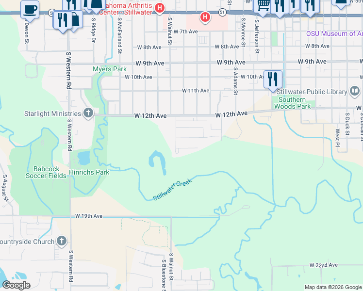 map of restaurants, bars, coffee shops, grocery stores, and more near 1509 West 14th Avenue in Stillwater