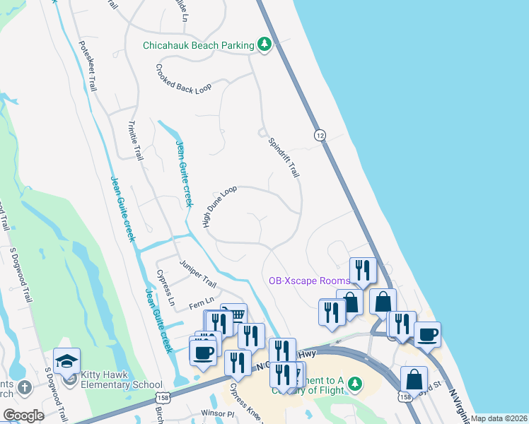 map of restaurants, bars, coffee shops, grocery stores, and more near 173 Happy Indian Ln in Kitty Hawk