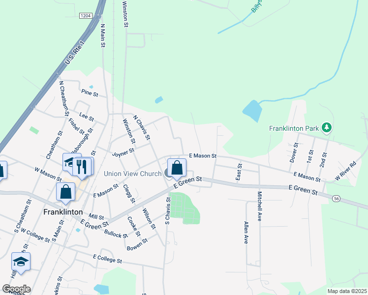 map of restaurants, bars, coffee shops, grocery stores, and more near 611 East Mason Street in Franklinton