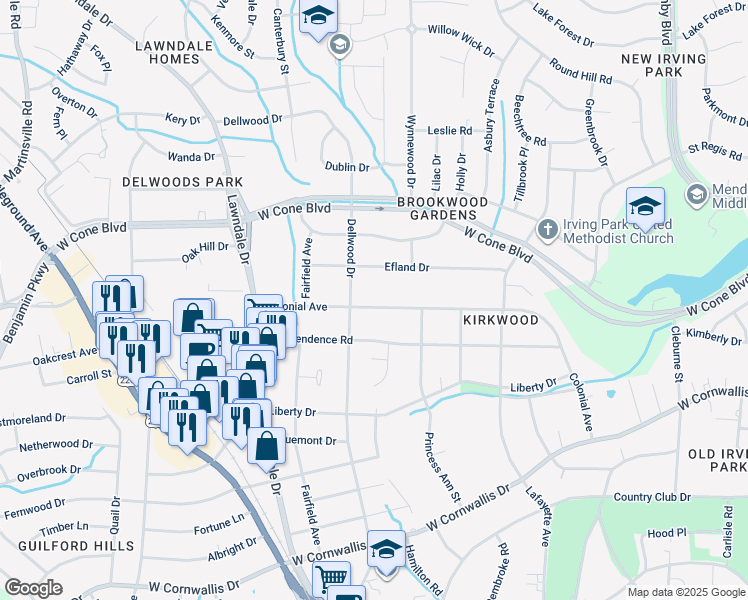 map of restaurants, bars, coffee shops, grocery stores, and more near 1820 Colonial Avenue in Greensboro