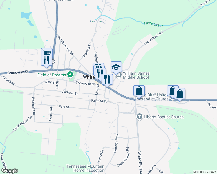 map of restaurants, bars, coffee shops, grocery stores, and more near 3030 Trace Creek Road in White Bluff
