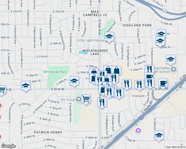 map of restaurants, bars, coffee shops, grocery stores, and more near 4568 East 39th Street in Tulsa