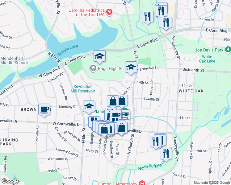 map of restaurants, bars, coffee shops, grocery stores, and more near 310 Melbourne Road in Greensboro