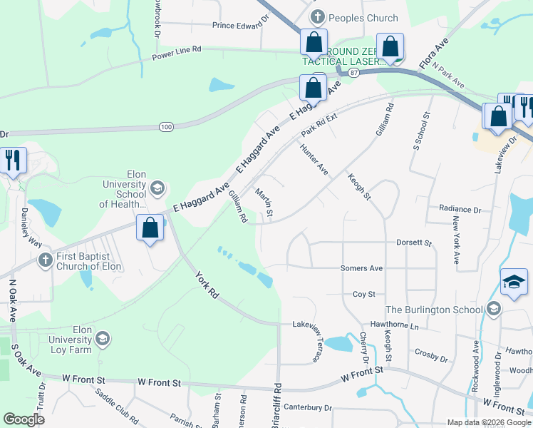 map of restaurants, bars, coffee shops, grocery stores, and more near 149 Martin Street in Elon