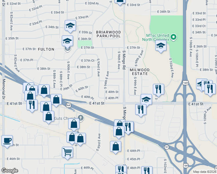map of restaurants, bars, coffee shops, grocery stores, and more near 9414 East 39th Place in Tulsa