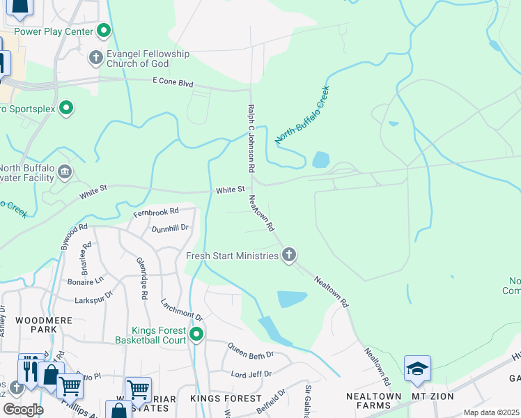 map of restaurants, bars, coffee shops, grocery stores, and more near 1401 Nealtown Road in Greensboro