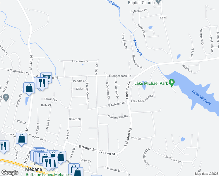 map of restaurants, bars, coffee shops, grocery stores, and more near 112 North Oakland Drive in Mebane