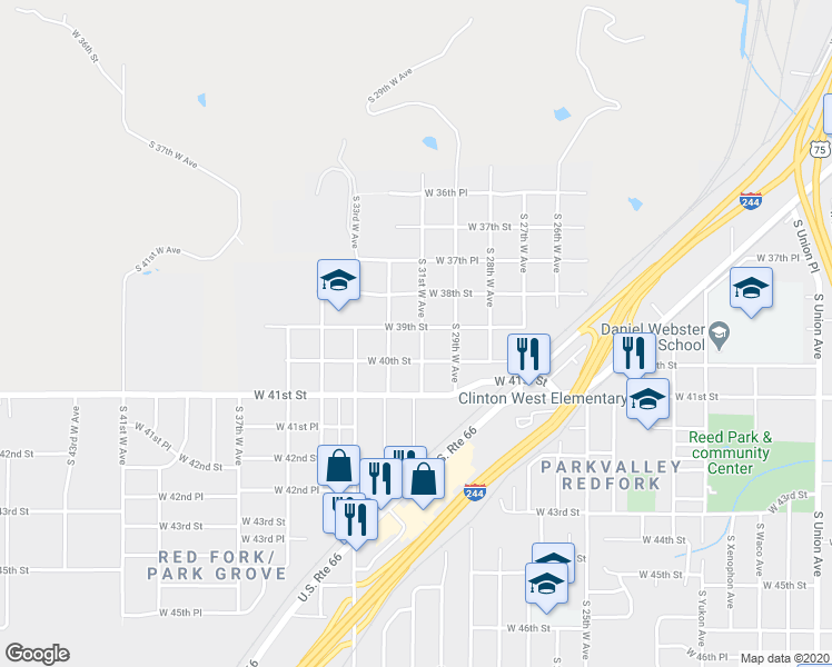 map of restaurants, bars, coffee shops, grocery stores, and more near 3104 West 39th Street in Tulsa