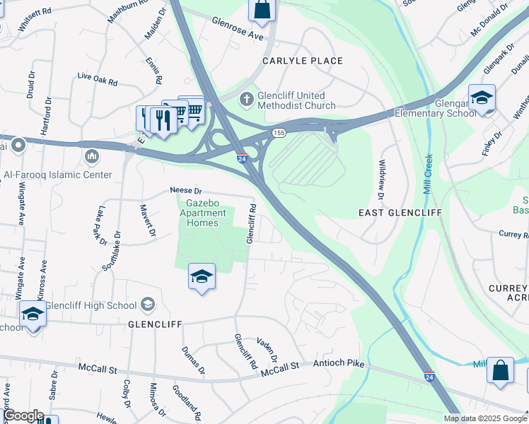 map of restaurants, bars, coffee shops, grocery stores, and more near 3134 Glencliff Road in Nashville
