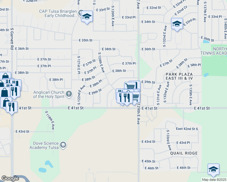 map of restaurants, bars, coffee shops, grocery stores, and more near 12524 East 39th Place in Tulsa
