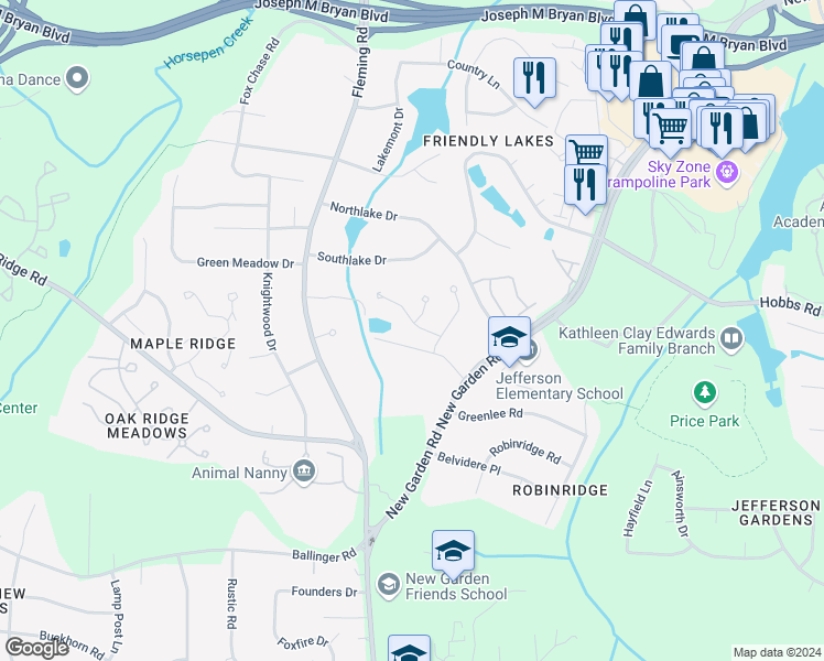 map of restaurants, bars, coffee shops, grocery stores, and more near 5 Brookglen Lane in Greensboro