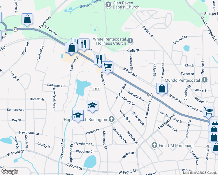 map of restaurants, bars, coffee shops, grocery stores, and more near 1727 Melody Lane in Burlington
