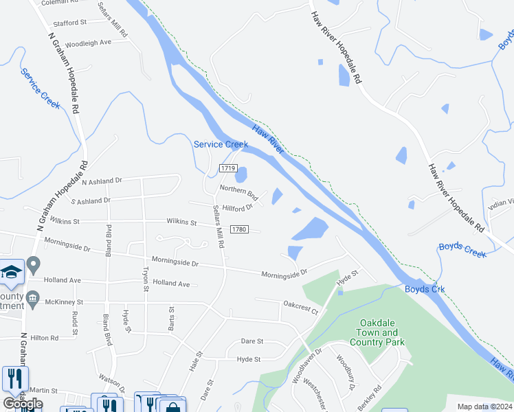 map of restaurants, bars, coffee shops, grocery stores, and more near 2437 Hillford Drive in Burlington