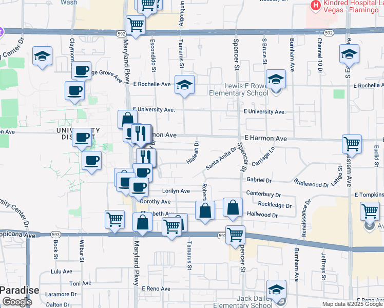 map of restaurants, bars, coffee shops, grocery stores, and more near 1511 Living Desert Drive in Las Vegas